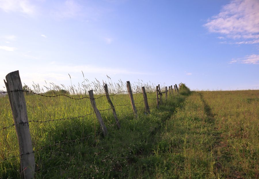 Five strand barbed wire cattle fence with wood corner assembly on shortgrass range near the Wichita Mountains